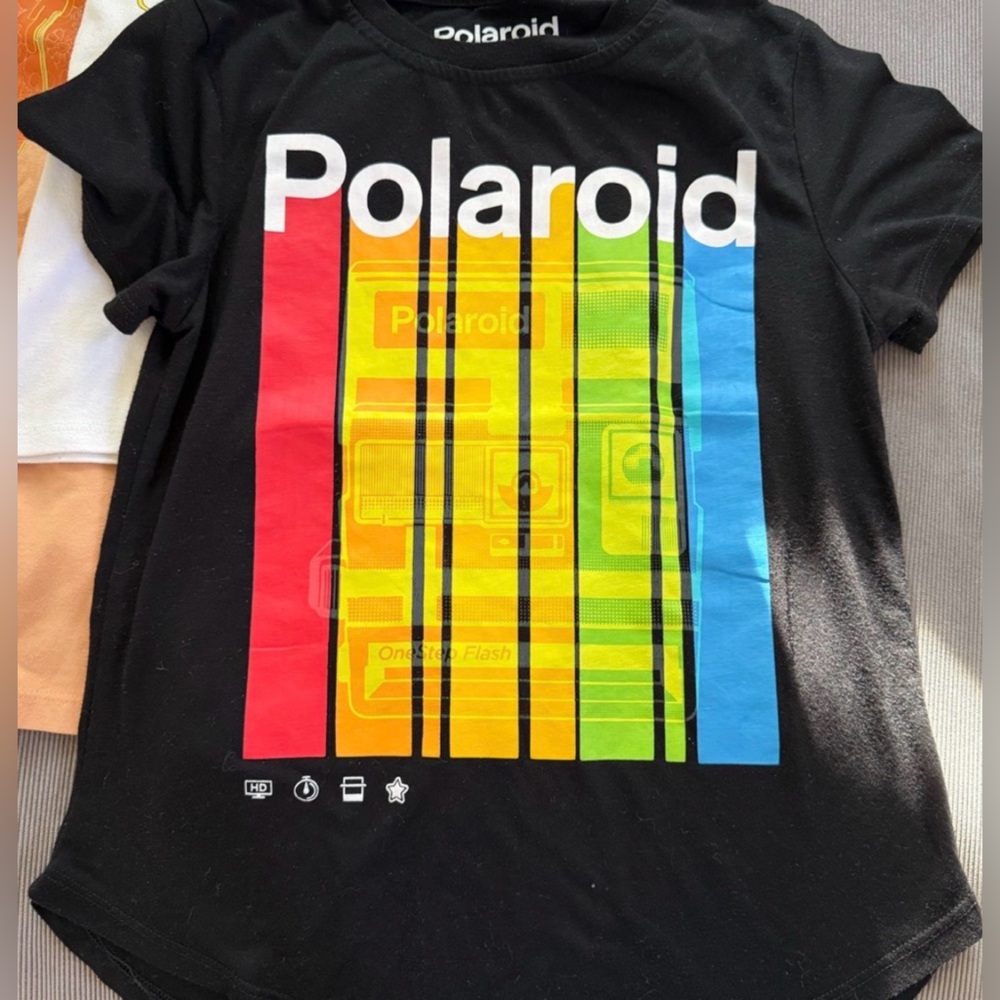 Polaroid Black Tee with Red, Orange, Yellow, Green & Blue Stripe Camera Graphic